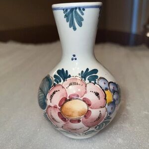Hand painted Floral Ceramic bud Vase with Pink and Blue signed by the artist